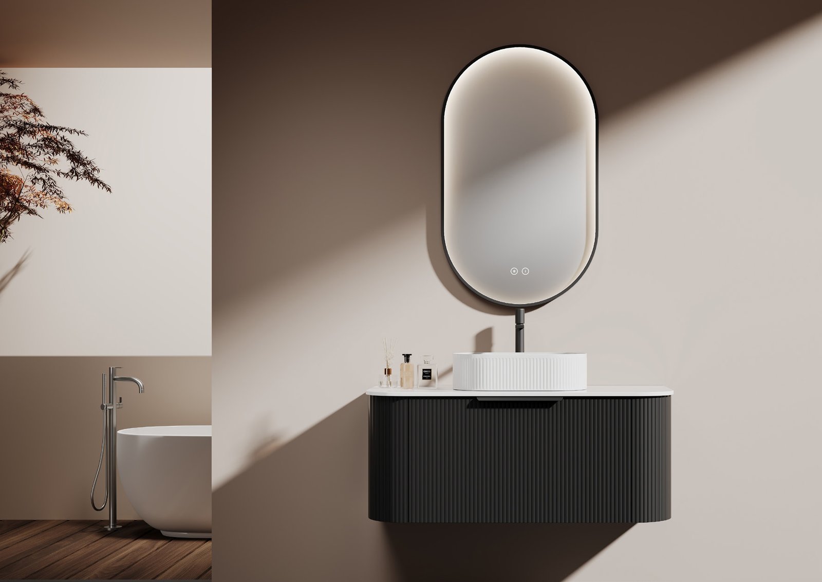 110cm Matte Black PVC Vanity with Oval Mirror — BAOHUI HOME Bathroom Hardware