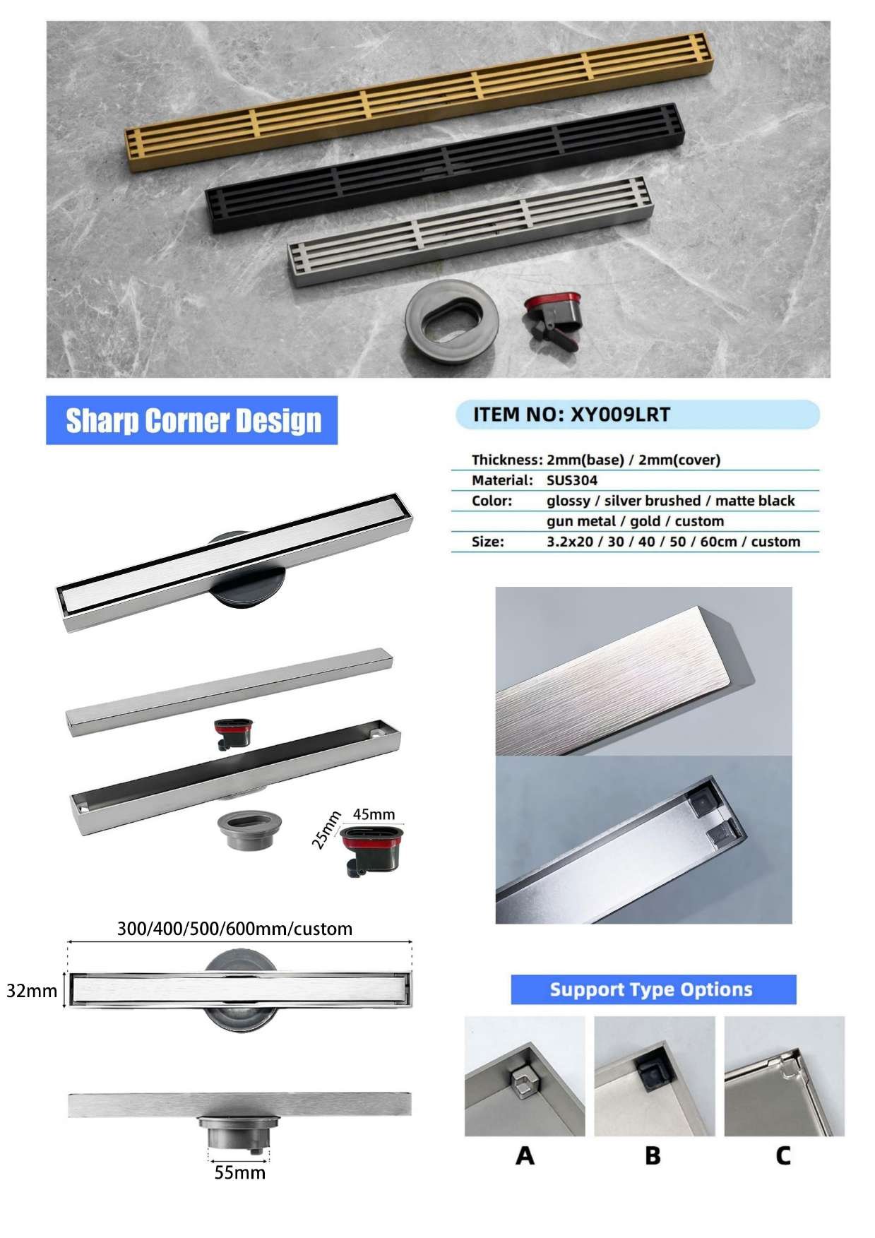 Tile-Edge Linear Floor Drain — BAOHUI HOME Bathroom Hardware