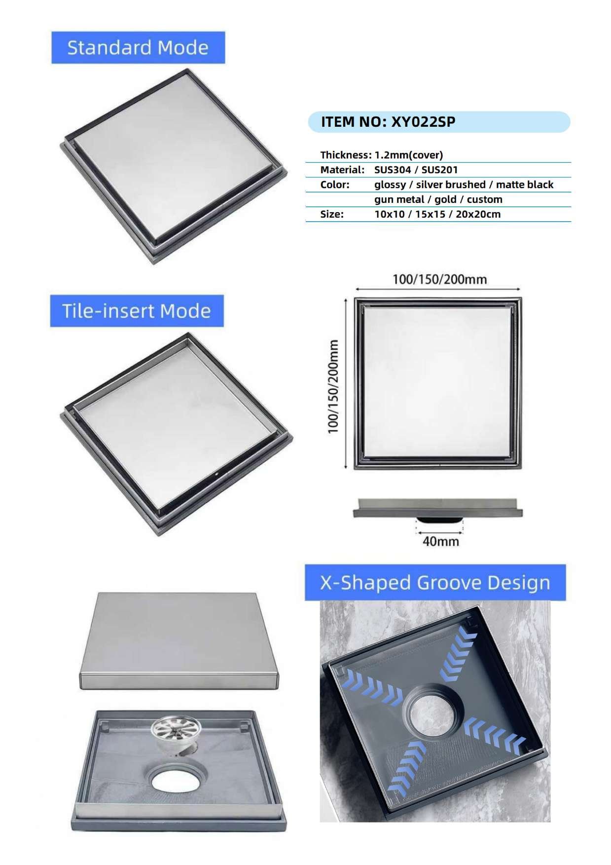 Tile-Insert Square Floor Drain — BAOHUI HOME Bathroom Hardware